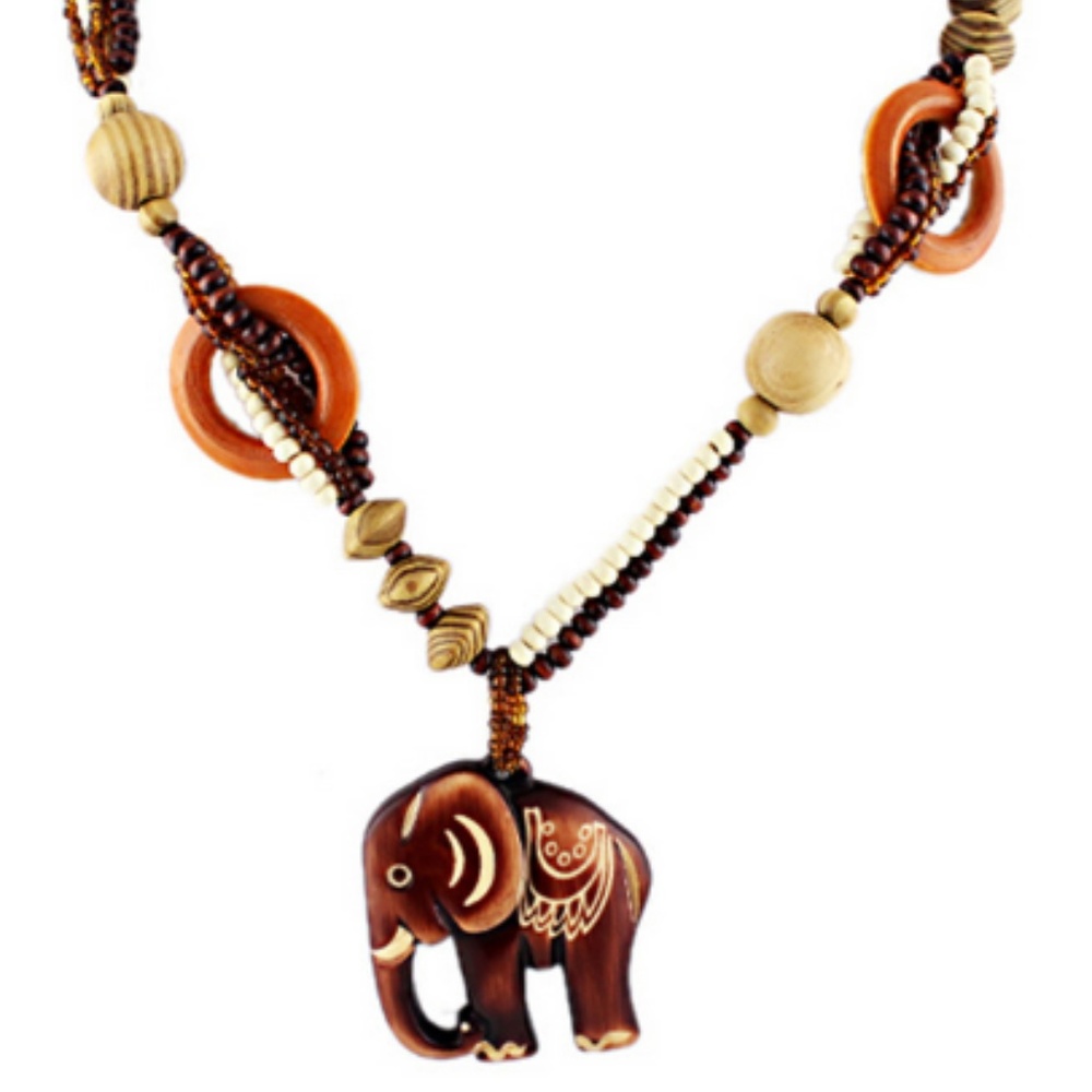 Bohemian Style Elephant Pendant Wood Necklace